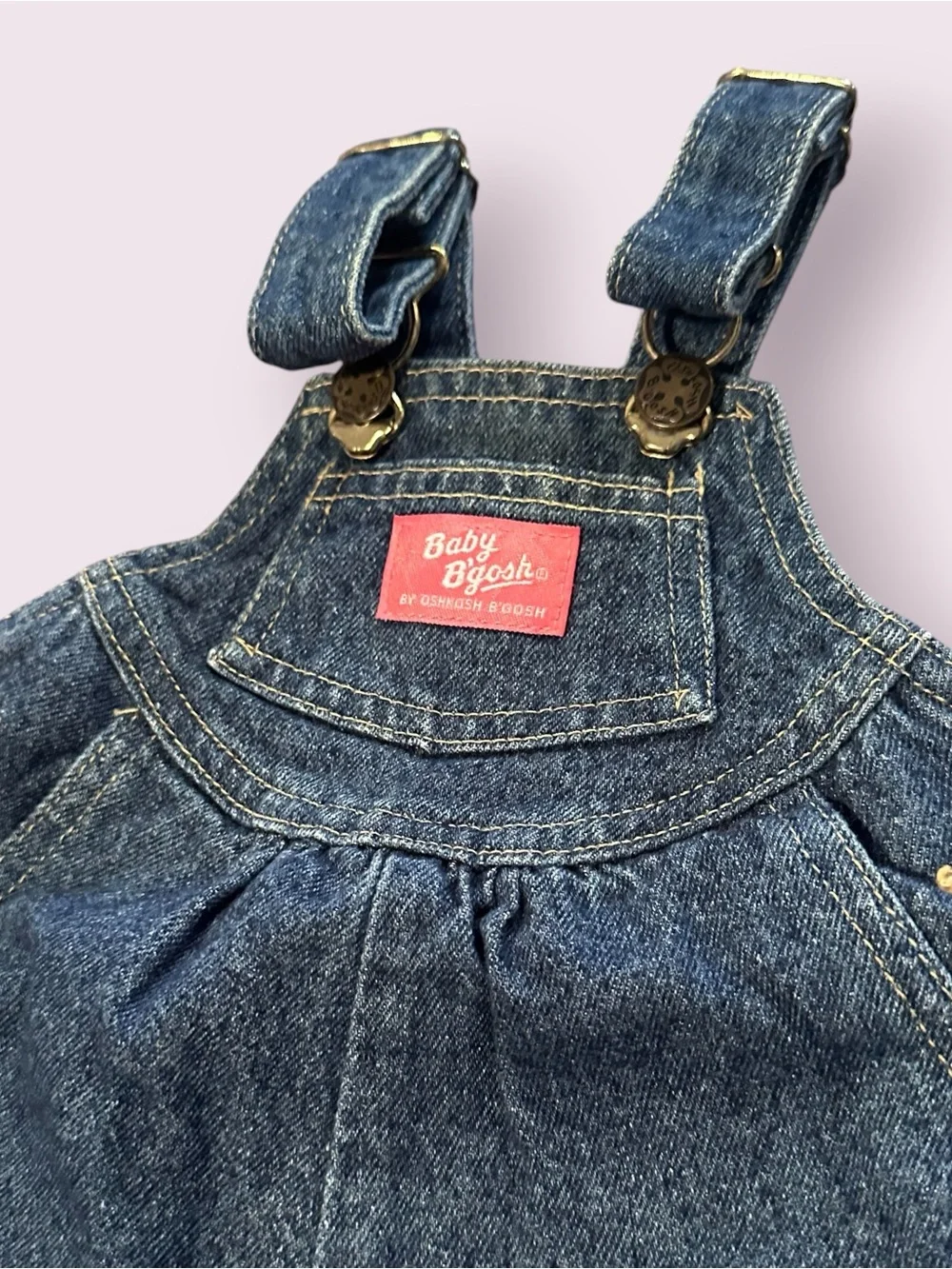 Vintage Baby OshKosh B'Gosh Denim Overalls in Dark Blue Pink Logo Sz 12 Mon